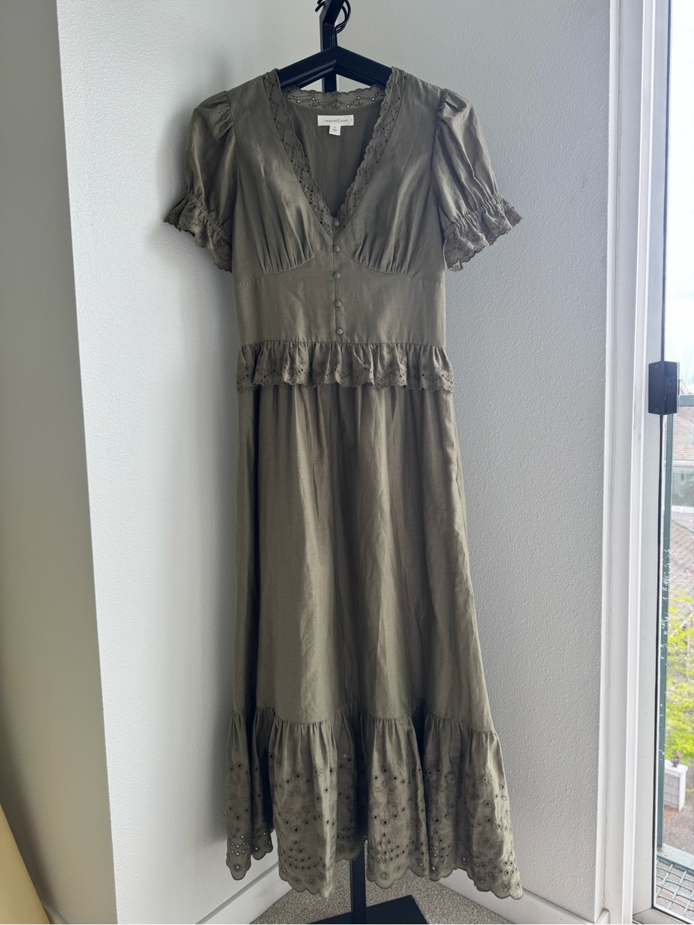 Olive Green V-Neck Midi Dress with Eyelet Trim